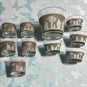 Vintage Jeannette Hellenic Wedgwood Ice Bucket, glasses, and desert dishes